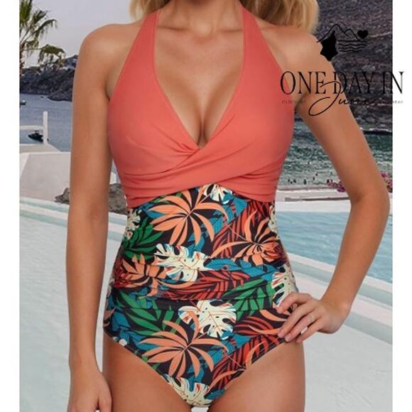 Adisputent Cross Front Tropical One Piece Swimsuit Size XL - Picture 1 of 5